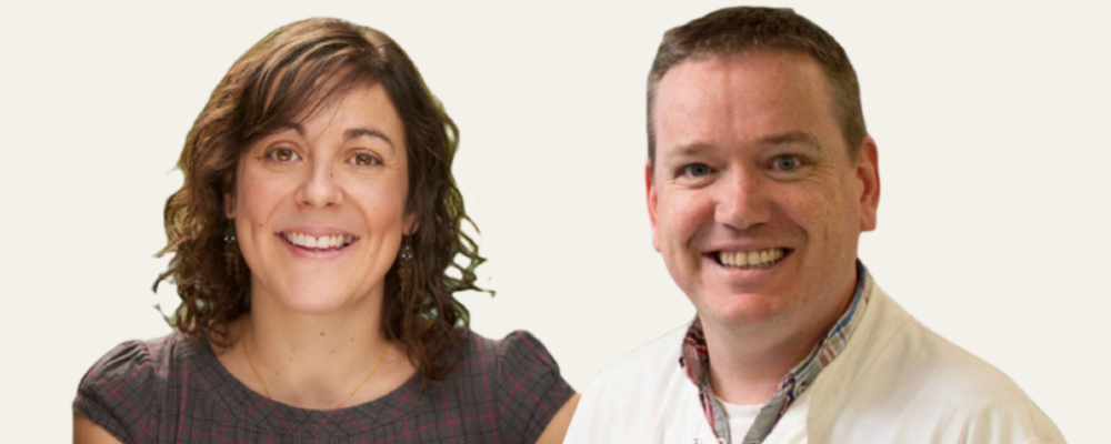 A graphic with head and shoulder portrait images of Donal Wall and Lorena Fernandez-Martinez together against a cream background