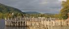 Remains of replica crannog structure standing over Loch Tay