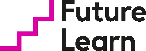 Logo with the words 'Future Learn' in black and a staircase of several steps in vivid dark pink