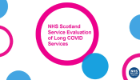 A graphic front cover of the Long Covid report with NHS Scotland logo and title of the report inside pink and blue circles