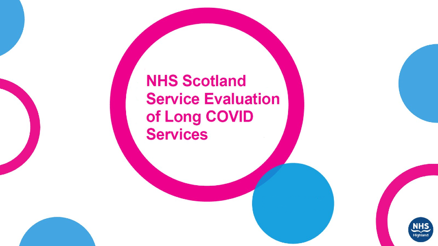 A graphic front cover of the Long Covid report with NHS Scotland logo and title of the report inside pink and blue circles