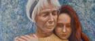 Section of painting by Hannah Rose Thomas depicting two women. The younger woman with long brunette hair is embracing the older woman with short white hair from behind with her chin resting on the older woman's shoulder. Both their gazes are pointed downwards.