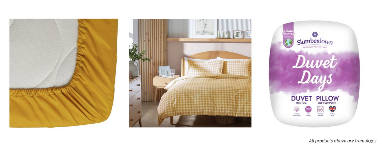 Image shows three items from the Argos website: mustard yellow bedsheet, gingham yellow duvet set on a bed, and duvet and pillow in packaging.