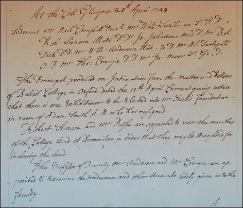The Faculty minutes recording the resignation of Adam Smith as one of the Snell exhibitioners at Balliol College, Oxford, 28th April 1749. (GUAS Ref: GUA 26649 p72. Copyright reserved.) 