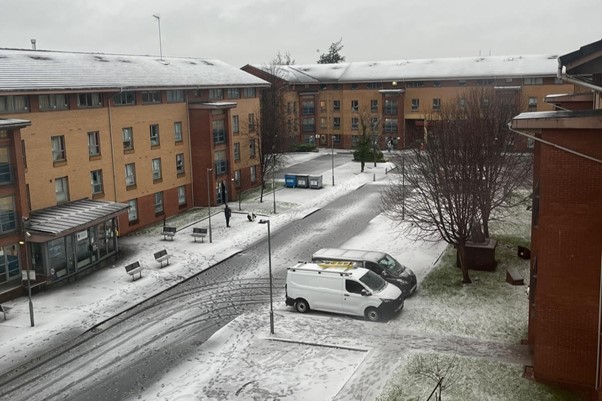 View from student accommodation window in winter