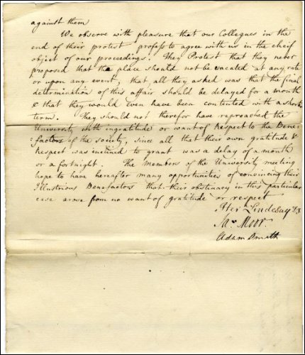 Fifth page of a letter of response by Adam Smith and committee to the protest of Leechman, Simson, Clow and Anderson regarding Professor William Rouet's (also spelt Rouat or Ruat) post being declared vacant, February 1760. (GUAS Ref: GUA 27027, p5. Copyright reserved.) 