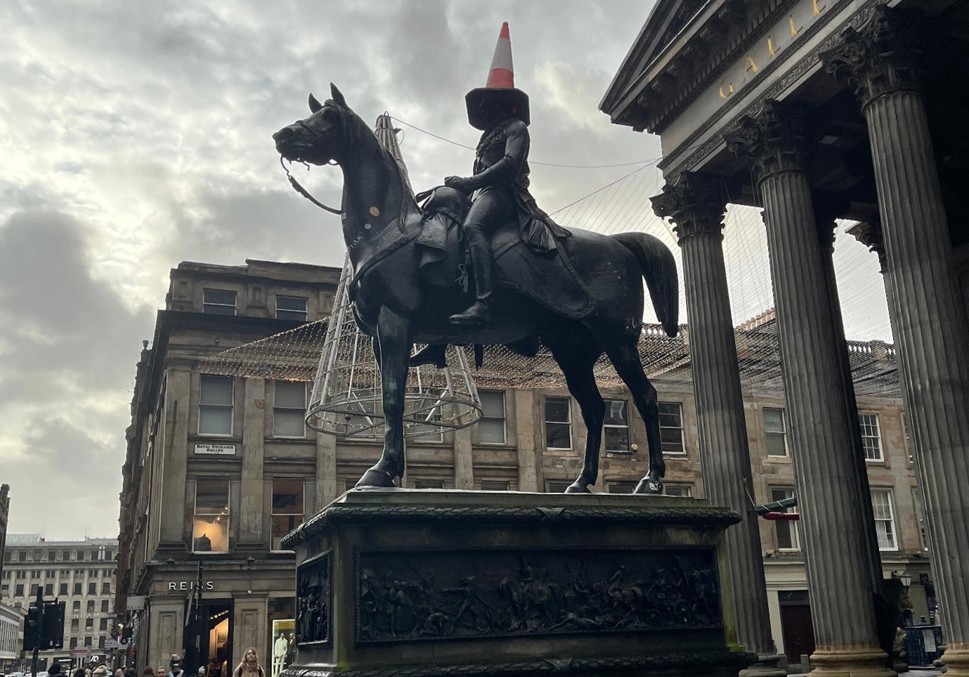 Duke of Wellington wearing a cone outside GOMA