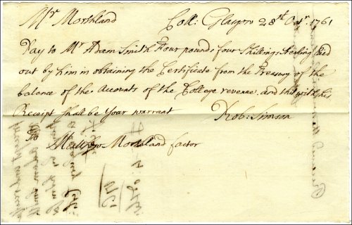 Second page of a precept and receipt for sum paid by Adam Smith for Treasury certificate, 28th October 1761. (GUAS Ref: 58246, p2. Copyright reserved.)