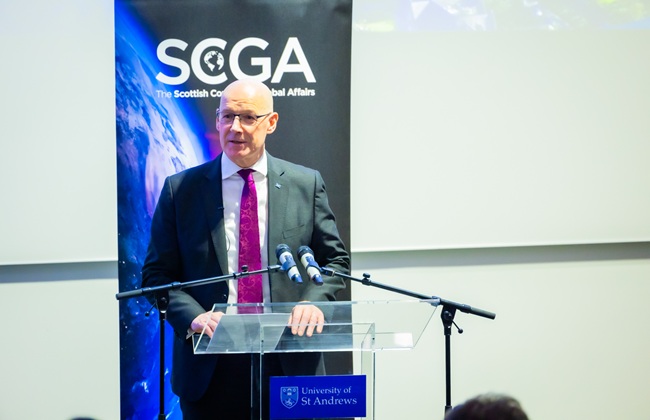 First Minister John Swinney speaking at the Scottish Council on Global Affairs event at St Andrews