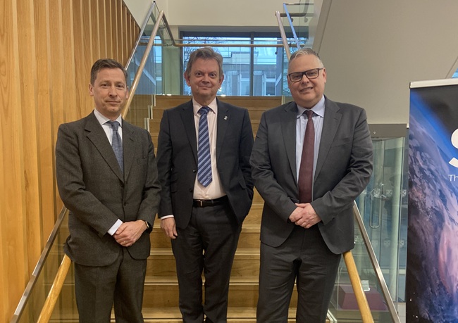 Left to Right SCGA Head of OperationsJohn Edward, UofG Principal Professor Sir Anton Muscatelli and SCGA First Executive Director Prof Peter Jackson