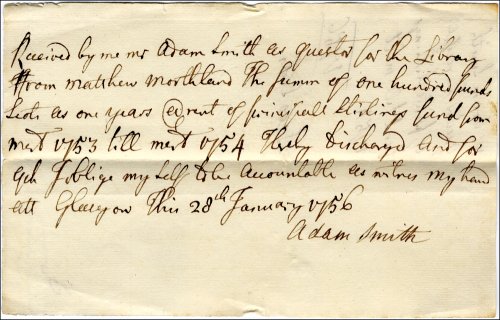 Adam Smith's receipt for money from Principal Stirling's fund, 28th January 1756. (GUAS Ref: GUA 58171. Copyright reserved.) 