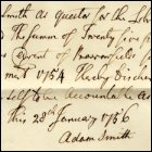 Adam Smith's receipt for money from Barrowfield's fund, 28th January 1756. (GUAS Ref: GUA 58171, see also GUA 58174, GUA 58173 and GUA 19572. Copyright reserved.)