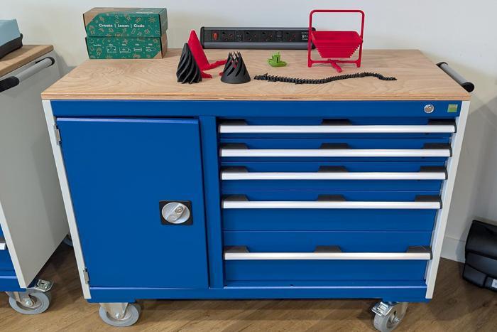 A tool chest with various 3D printed objects on top