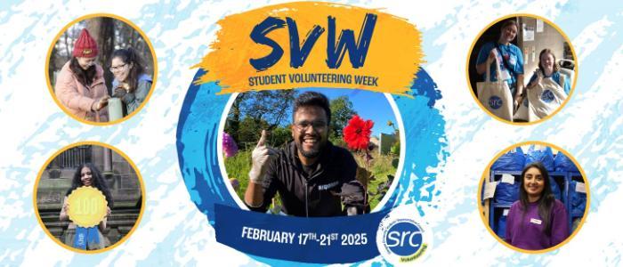 Graphic with images of students in volunteer roles with SVW February 17-21 2025