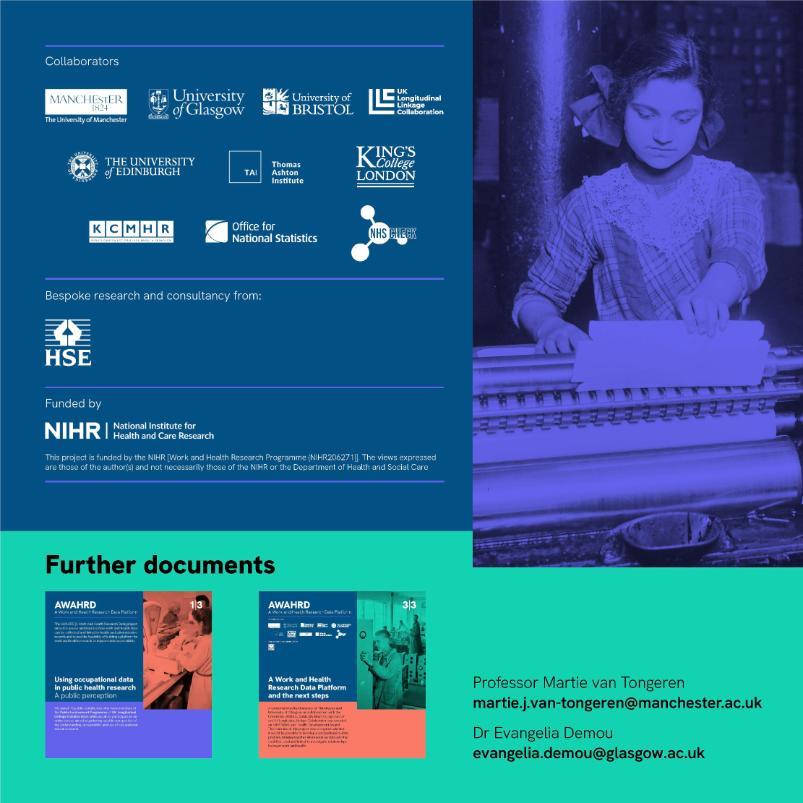 Information on collaborators and funding, mentioning the consortium led by University of Manchester and University of Glasgow, and the project's aim to develop a comprehensive data platform. Contact details for Professor Martie van Tongeren and Dr. Evangelia Demou are provided