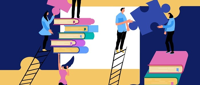 An animation of people climbing a stack of books with a ladder