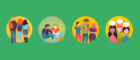 Illustration of four circular icons on a green background, each depicting young people in different social interactions: walking together, sitting and talking, reading in a group, and discussing with speech bubbles.