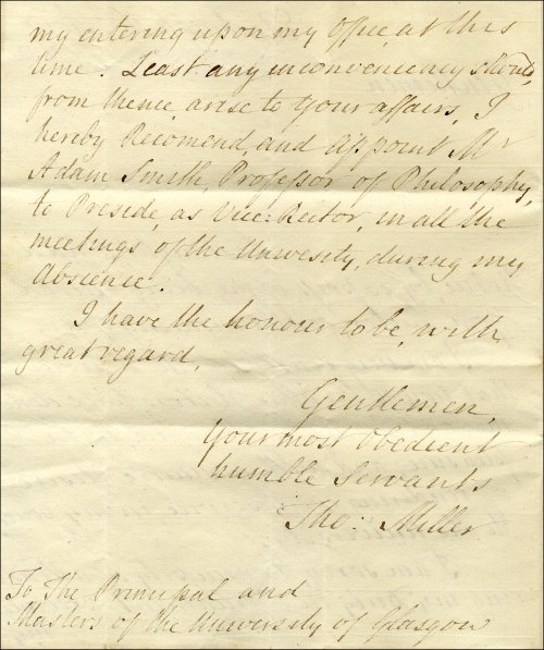 Second page of a letter from Sir Thomas Miller accepting the office of Rector and appointing Adam Smith as Vice-Rector, 16th November 1762. (GUAS Ref: GUA 30165, p2. Copyright reserved.) 