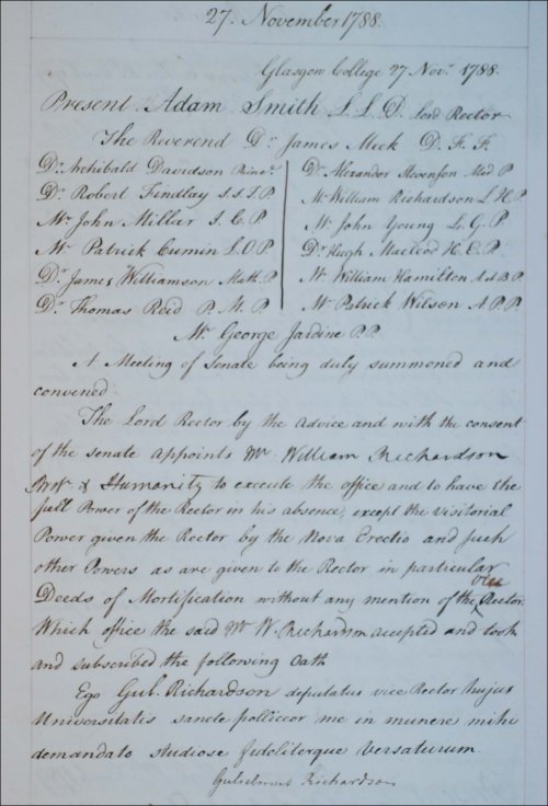 Second page of the Senate minutes recording the election of Adam Smith as Rector, 27th November 1788. (GUAS Ref: SEN 1/1/2, p61. Copyright reserved.) 