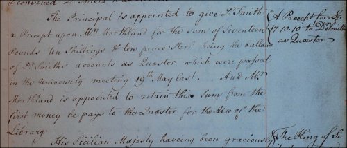 Adam Smith is to be given a precept for the balance of his accounts, as recorded in the Senate minutes, 10th January 1764. (GUAS Ref: GUA 26643, p11. Copyright reserved.) 