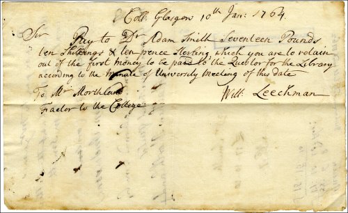 The first page of the precept and receipt for the balance of Adam Smith's account, 10th January 1764. (GUAS Ref: GUA 8549, p1. Copyright reserved.)