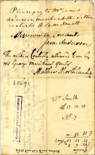 The second page of the precept and receipt for the balance of Adam Smith's account, 10th January 1764. (GUAS Ref: GUA 8549, p2. Copyright reserved.) 