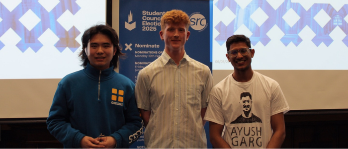 Duncan Calvert (centre) was elected President, Frank Chen (left) was elected Vice President (Student Support), and Ayush Garg (right) was elected Vice President (Education)