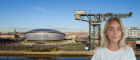 View of Glasgow from the Clyde with the Hydro and Finnieston Crane with a headshot of a woman smiling