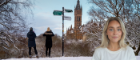 View of the University tower from Kelvingrove Park in the snow with headshot of smiling woman