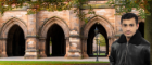 View through the University cloisters from one of the quads with headshot of smiling man