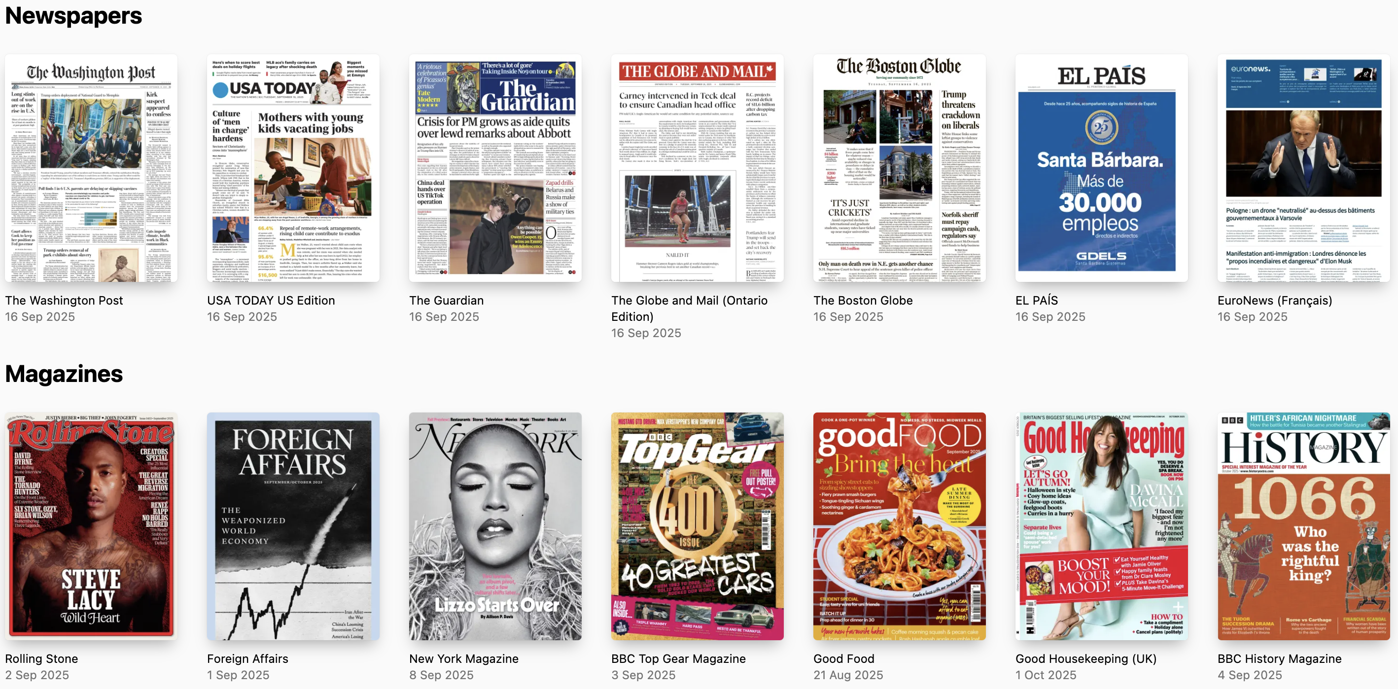 A screengrab of newspapers and magazines from the PressReader service