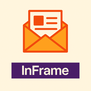 An icon of an orange envelope with a letter partially visible inside, featuring a small square and horizontal lines representing text. Below the envelope, there is a purple rectangular banner with the word “InFrame” in white text. The background is light beige.