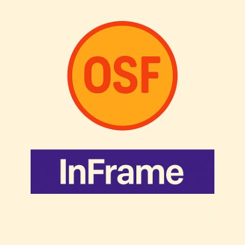 An orange circle with the letters “OSF” in bold orange text inside, representing Open Science Framework. Below the circle, there is a purple rectangular banner with the word “InFrame” in white text. The background is light beige.
