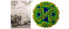 Left: Photo of CRYO ARM 300, white enclosure with 3 silver horizontal stripes in a white room. Right: Cryo-EM reconstruction of lumazine synthase