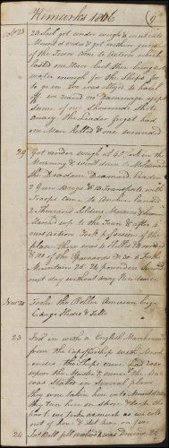 The ninth page from Andrew Service's logbook recording events on board HMS Medusa. This page, dated 1806, covers the period from 23rd October to 24th November 1806, and continues recounting the engagement with the Spanish around Montevideo, Uruguay.  (GUAS Ref: UGC 182. Copyright reserved.) 