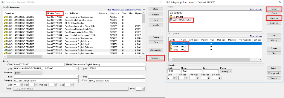 Screenshots from CMIS showing the Courses and Subgroups windows, highlighting the key areas.