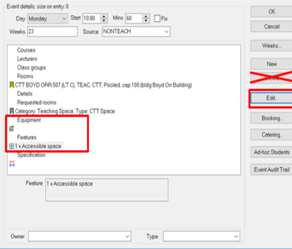 A screenshot from CMIS showing an event window, highlighting the Equipment and Features and Edit button.