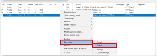 A screenshot from CMIS showing how to export from a Timetable window.