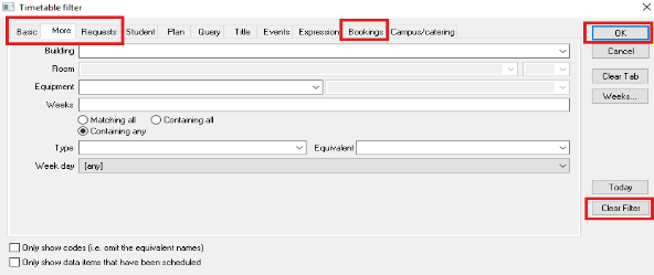 A screenshot from CMIS showing the Timetable Filter window.