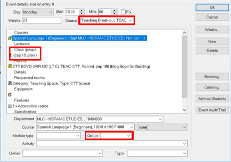 A screenshot from CMIS showing an event window, highlighting the Source, Class Groups, and Group fields.