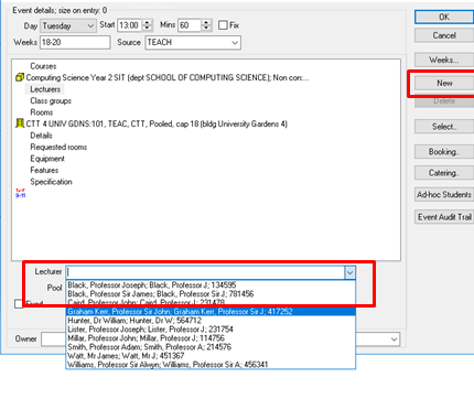 A screenshot from CMIS showing an event window, highlighting the Lecturer field.