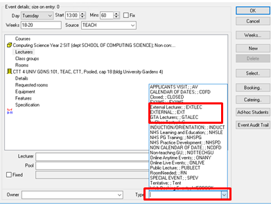 A screenshot from CMIS showing an event window, highlighting the Type field.