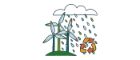 Three wind turbines, recycling symbol, rain clouds above with rain falling 
