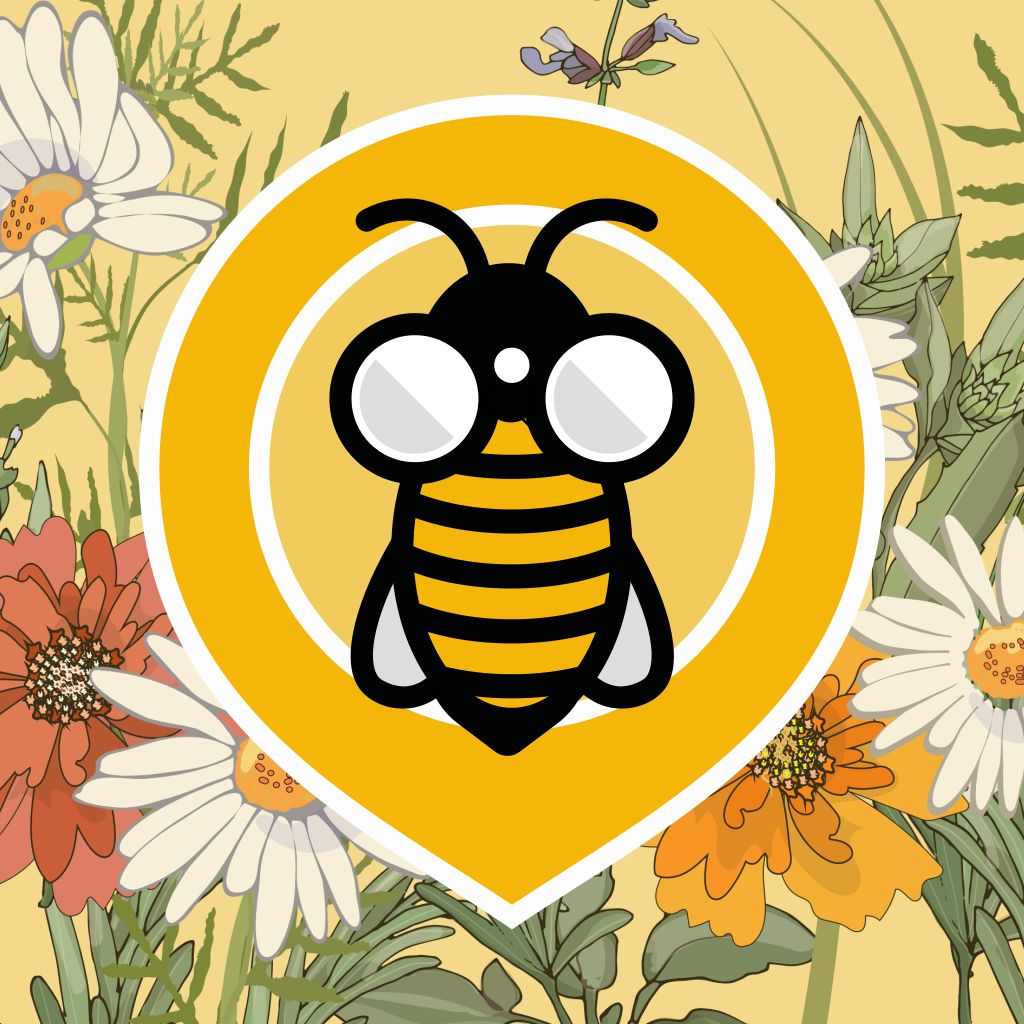 drawing of a bee inside a map location icon. flower backdrop