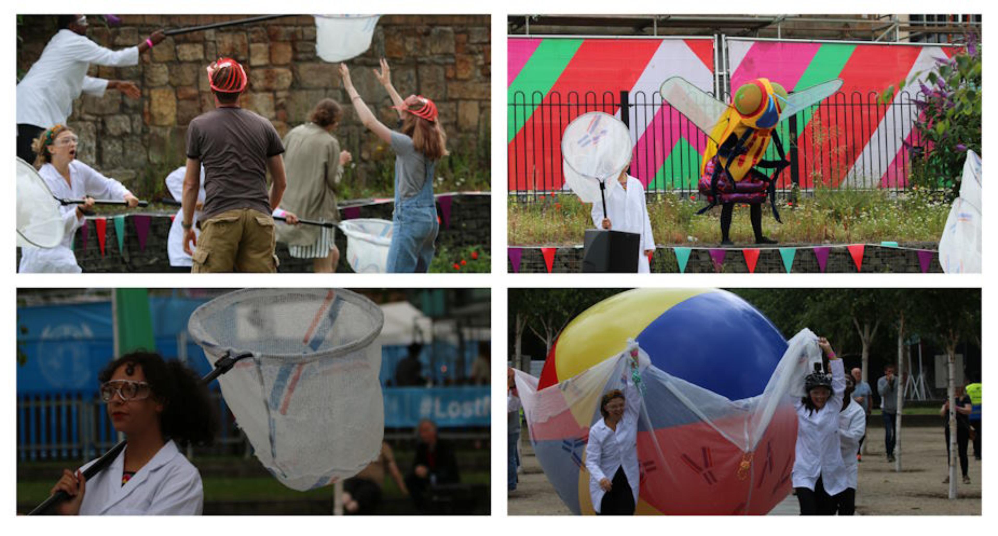 A collage of four images showing participants in the street theatre using nets to catch balls as well as someone dressed as a bee.