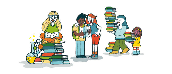 Several cartoon people reading and carrying books