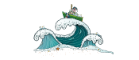 Cartoon waves with a scientist in a boat at the top of the wave.