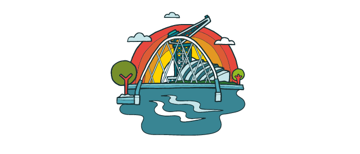 Cartoon of the Glasgow River Clyde with a rainbow in the background. 
