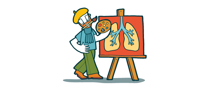 Cartoon artist in front of an easel with a picture of lungs on it. 