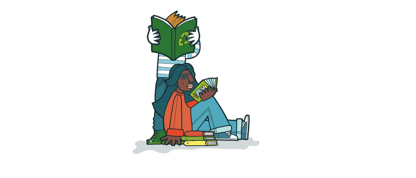 Two cartoon people reading
